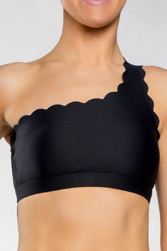 Low Prices One Shoulder Scalloped Sports Bra in Black