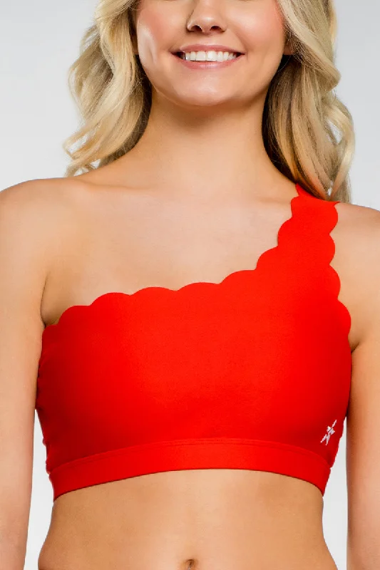 Warehouse Sale One Shoulder Scalloped Sports Bra in Red