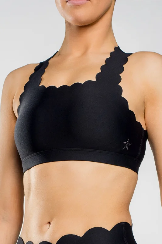 Price Cut Scalloped Racerback Sports Bra in Black