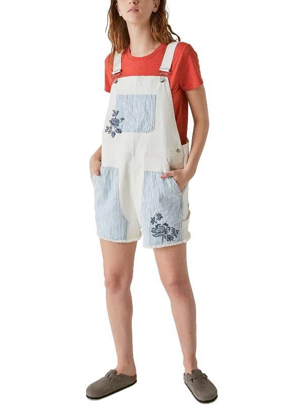 New Markdowns Womens Striped Embroidered Shortalls