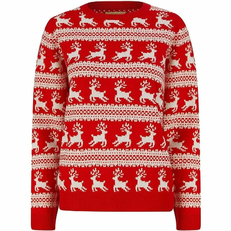 Final Markdown Christmas Leaping Reindeer Print Womens Christmas Jumper - Red