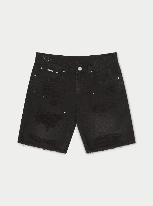 DISTRESSED RAW HEM DENIM SHORTS - WASHED BLACK