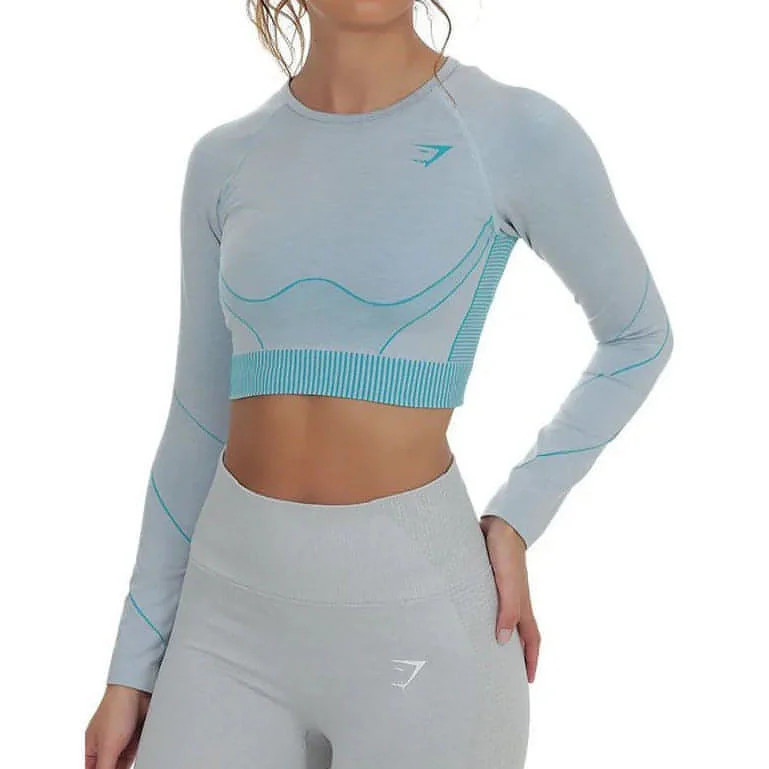 Don't Wait Gymshark Hyper Amplify Seamless Womens Long Sleeve Crop Top - Blue