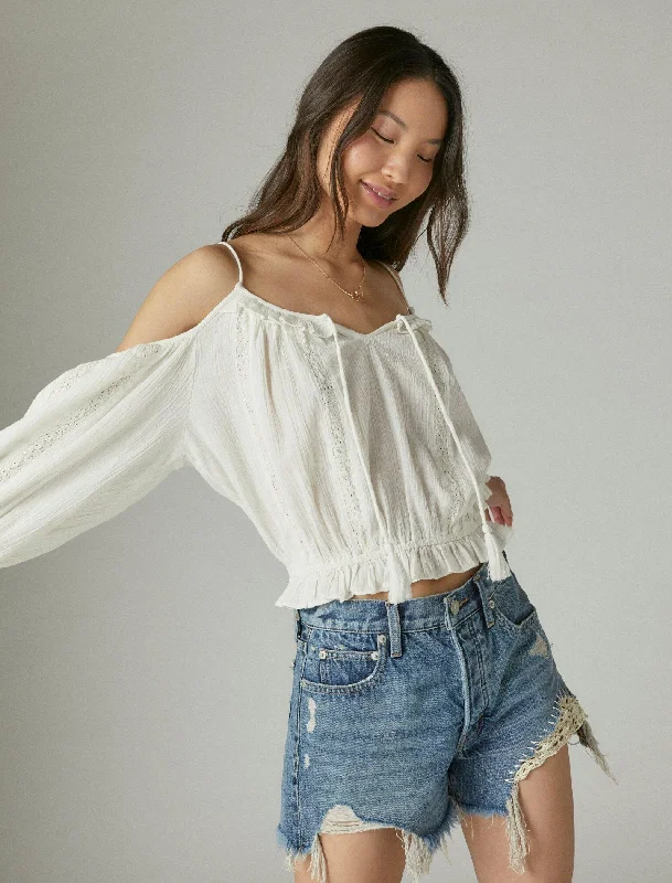 Special Savings Lucky Brand Womens Cold Shoulder Lace Top