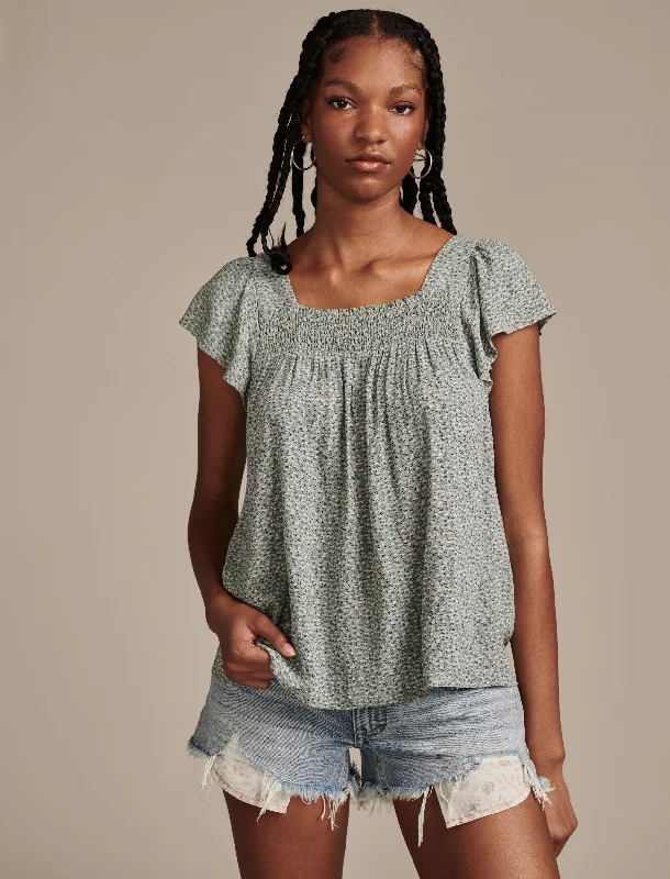 Lowest Price Lucky Brand Women's Smocked Neck Flutter Slv Top