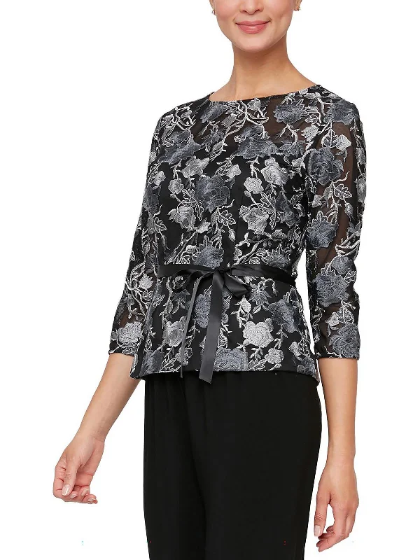 Huge Discounts Petites Womens Embroidered Belted Peplum Top