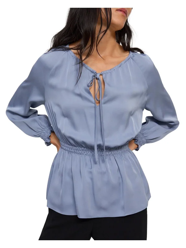 Year-End Sale Petites Womens Silk Smocked Peasant Top