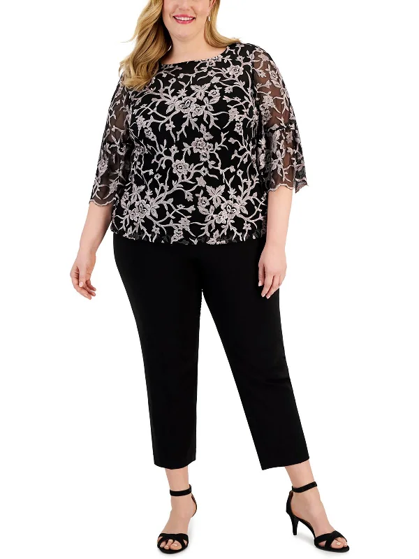 Can't Miss Plus Womens Mesh Embroidered Blouse