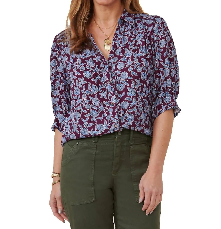 Savings Event Summer Floral Button-Front Top In Cerulean Blue/purple
