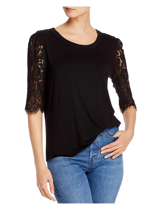 Super Sale Womens Crew Neck Lace Sleeve Top