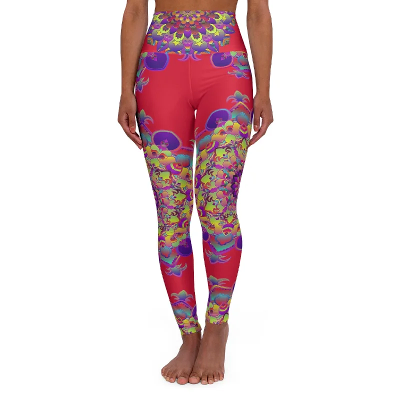 High Waisted Mandala Art Yoga Leggings - Cranberry Red