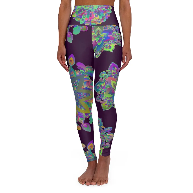 High Waisted Mandala Art Yoga Leggings - Dark Plum