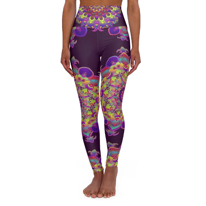 High Waisted Mandala Art Yoga Leggings - Dark Plum