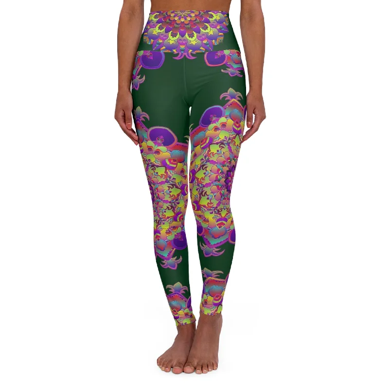 High Waisted Forest Green Mandala Art Yoga Leggings - Snug Fit