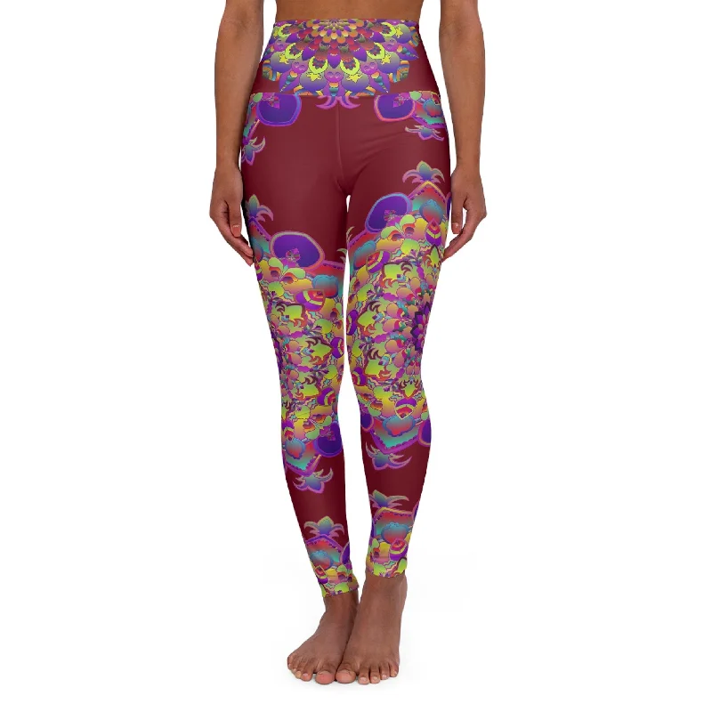 High Waisted Mandala Art Yoga Leggings - Rich Burgundi