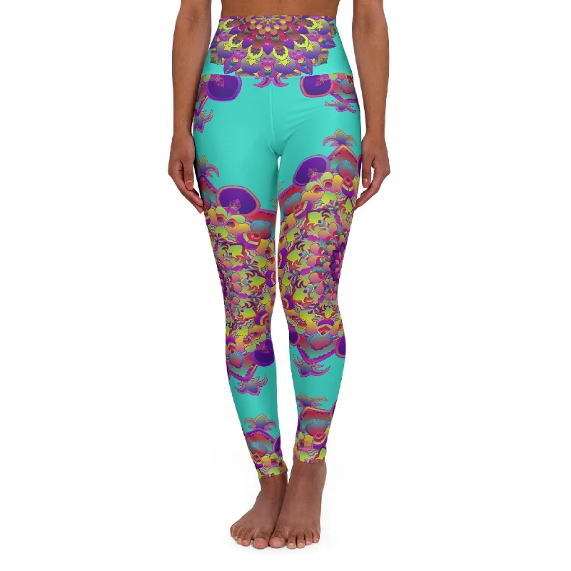 High Waisted Mandala Art Yoga Leggings - Turquoise