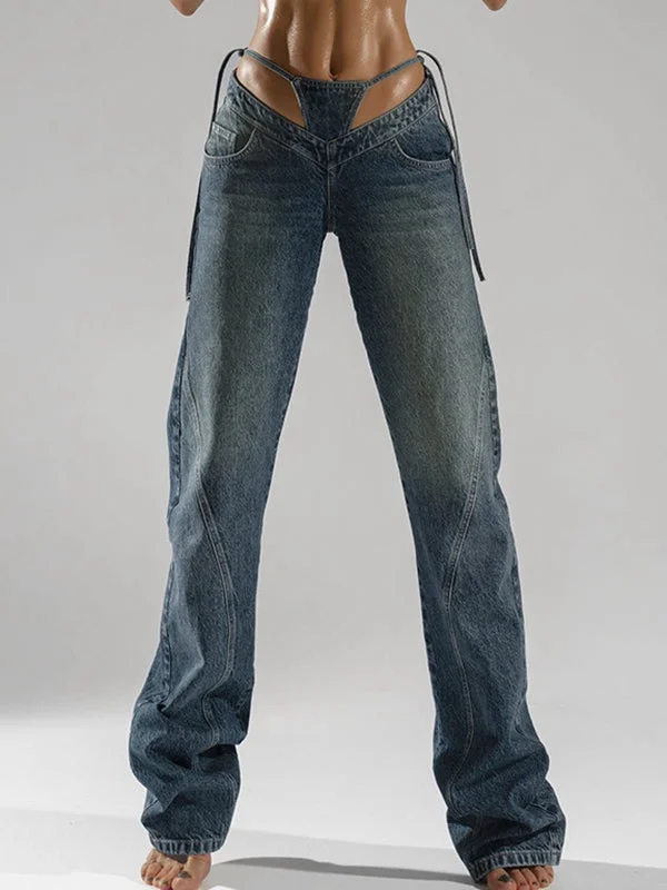 Year-End Clearance ZASUWA Female Sexy Cutout V-shape Waist Denim Flare Fashion Pants