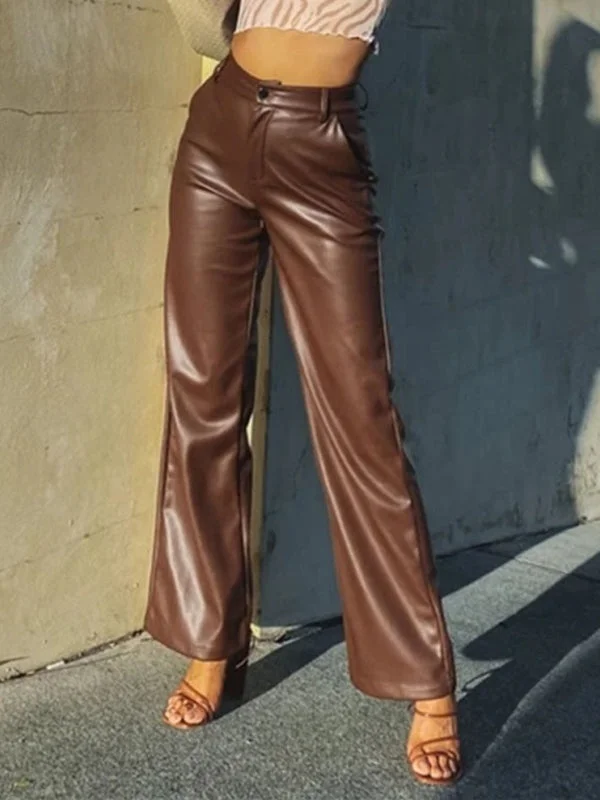 Deal of the Day ZASUWA Female Fuax Leather Pocket Fashion Pants