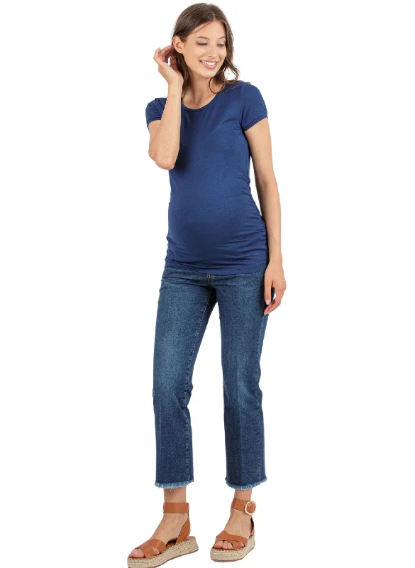 Buy Now Cropped Straight Maternity Jeans with Fringed Hem - Dark Wash