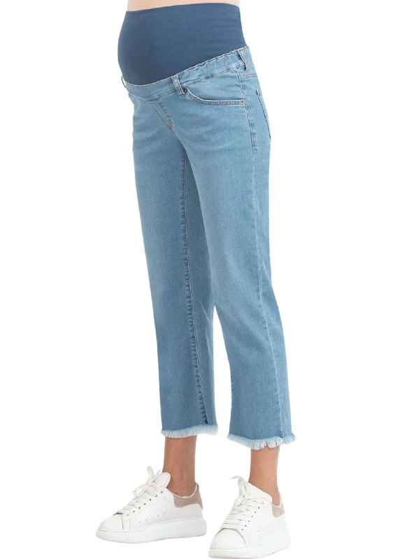 Grand Opening Sale Cropped Straight Maternity Jeans with Fringed Hem - Light Wash