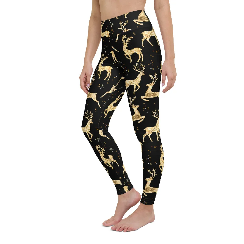 Deal Mania Golden Reindeers Print Yoga Leggings