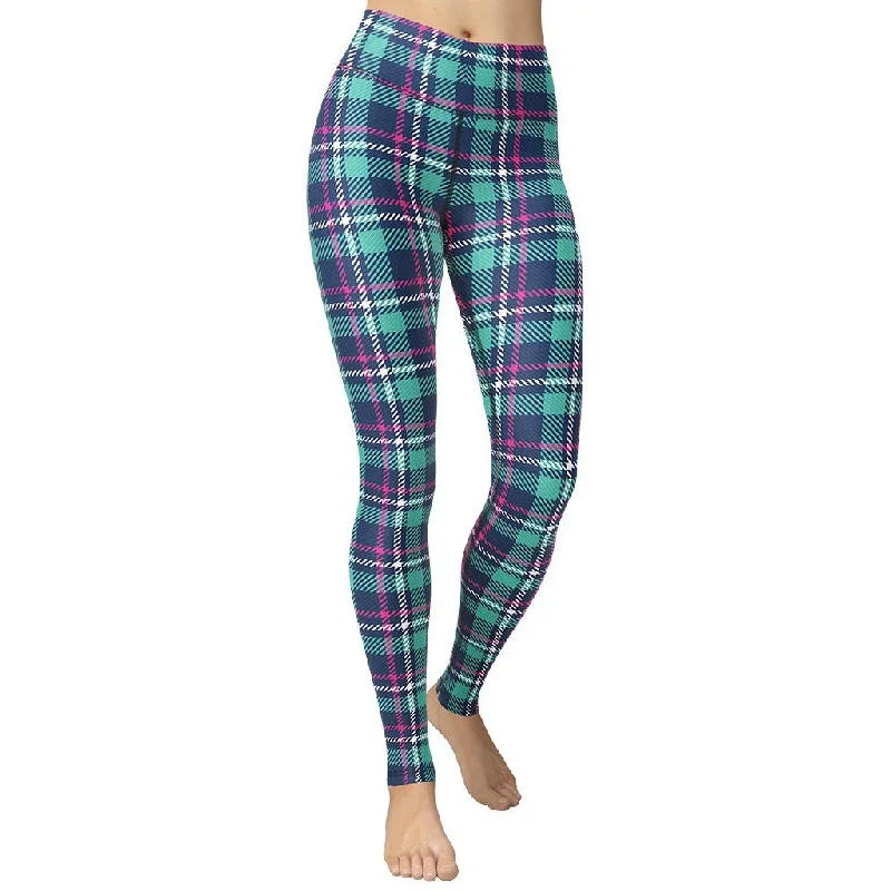 Can't Be Beat Pink & Turquoise Plaid Print Yoga Leggings