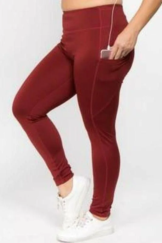 Online Specials Red Wine High Waist Tech Pocket Workout Leggings (Plus-Size)