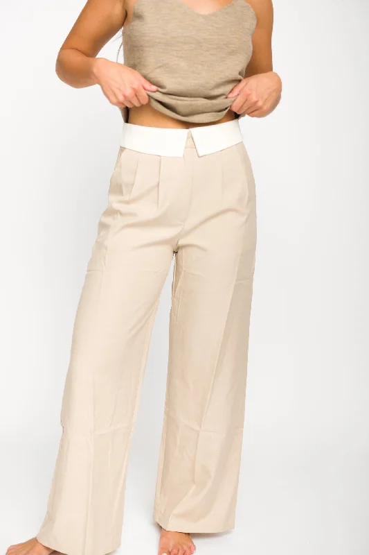 Today’s Special Penelope Tailored Trousers With Contrast Folded Waist in Taupe/Beige