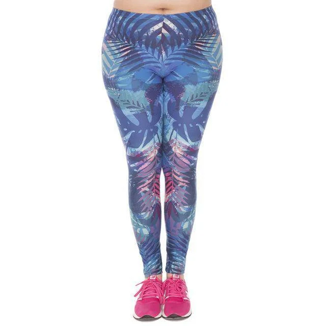 Act Fast Tropical Leaves Blue High Waist Leggings plus