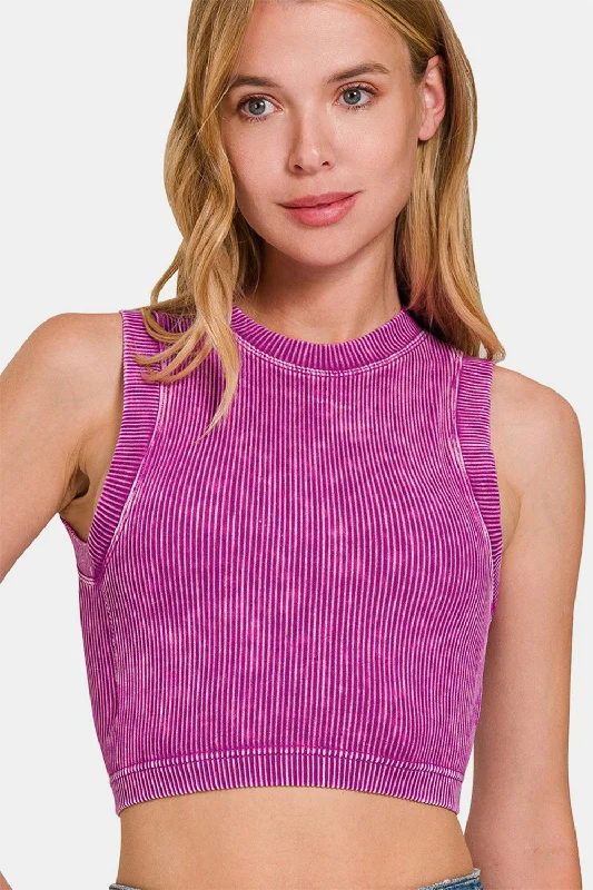 Exclusive Access ZENANA - Washed Ribbed Seamless Crop Tank with Bra Pad