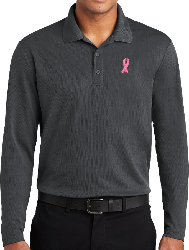 Price Rollback Breast Cancer Long Sleeve Polo Embroidered Ribbon Pocket Print