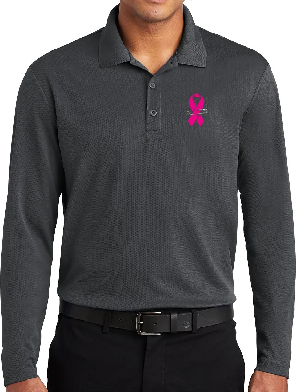 Deal Dash Breast Cancer Long Sleeve Polo Pink Ribbon Pin Pocket Print