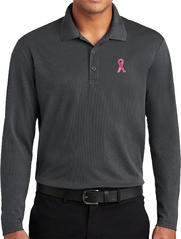 Final Clearance Breast Cancer Long Sleeve Polo Sequins Pink Ribbon Pocket Print