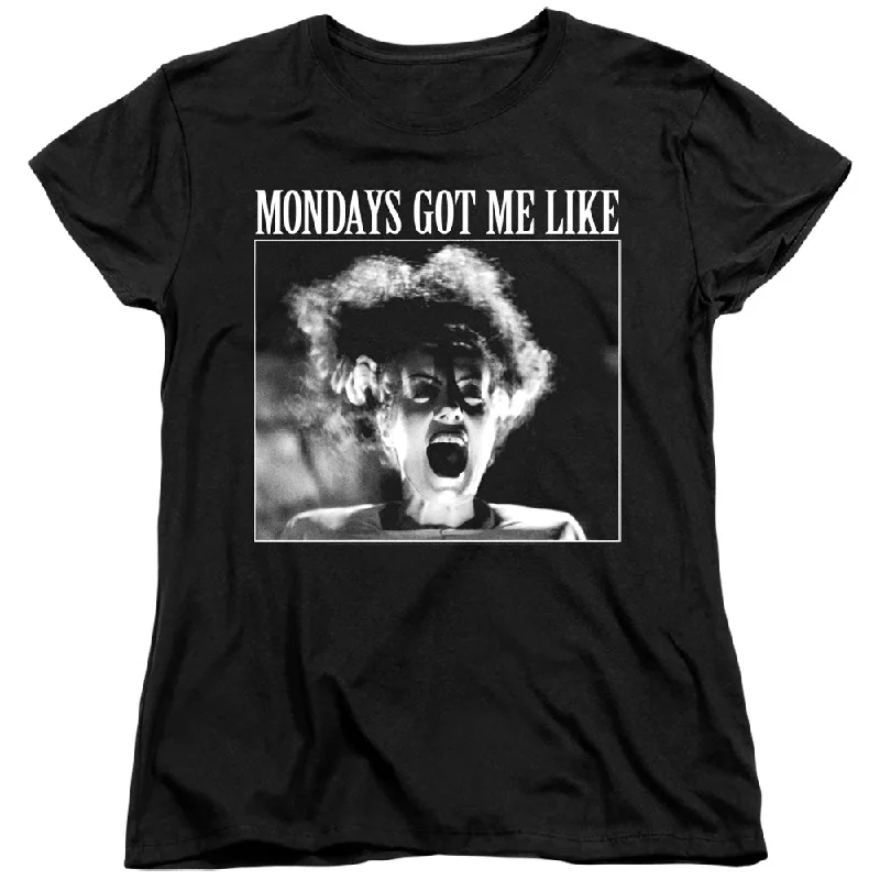 Huge Discounts Bride of Frankenstein Womens T-Shirt Mondays Got Me Like Black Tee