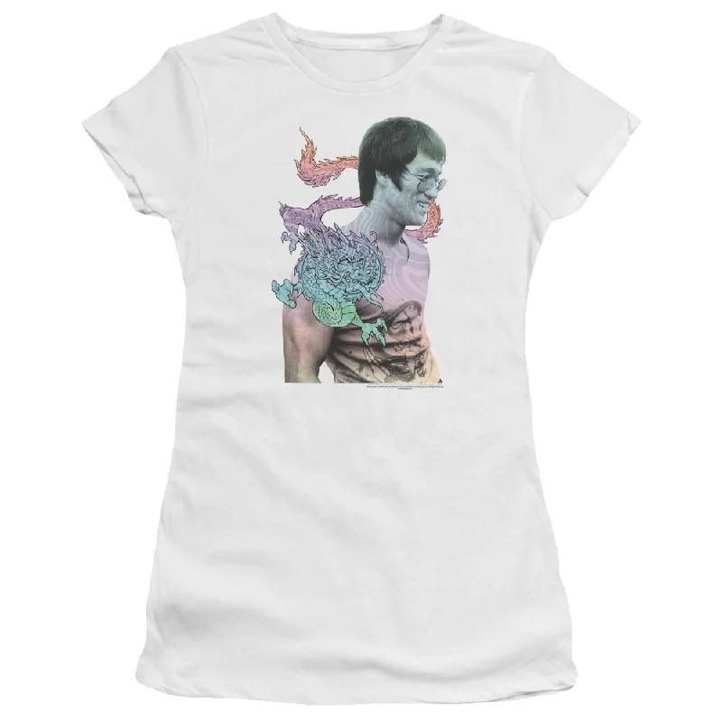 Doorbuster Deal Bruce Lee Juniors T-Shirt Colorful Dragon Portrait White Tee
