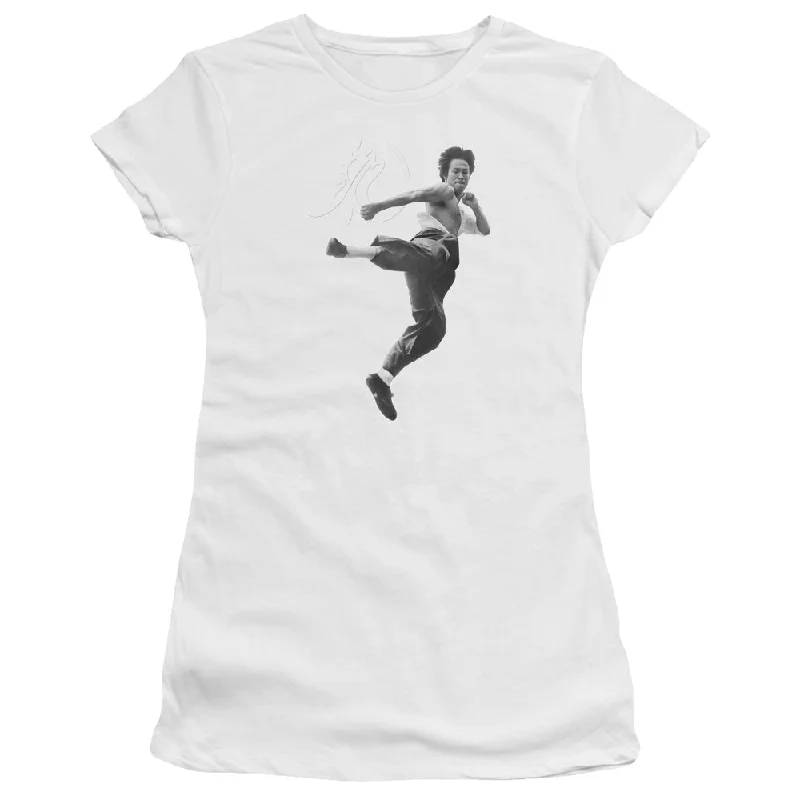 Deep Discounts Bruce Lee Juniors T-Shirt Flying Kick White Premium Tee
