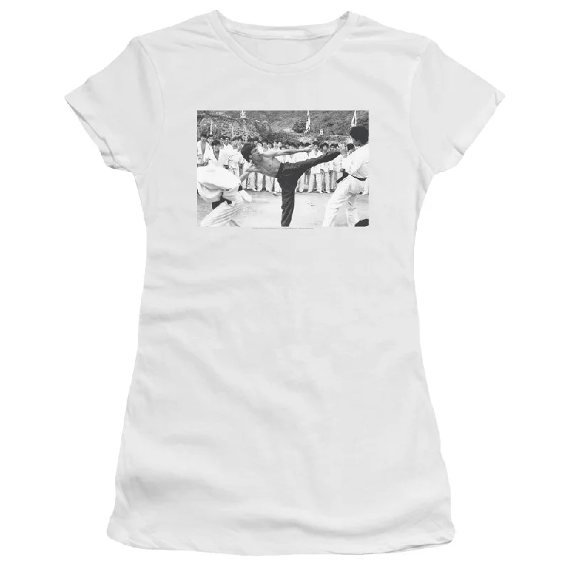 Warehouse Sale Bruce Lee Juniors T-Shirt Kick to the Head Photo White Tee
