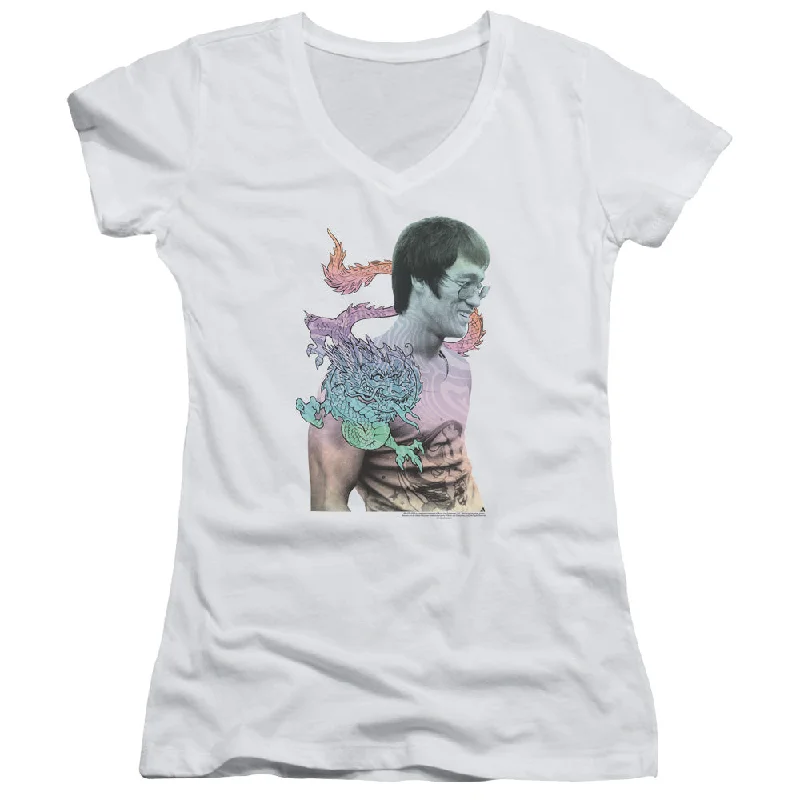 Buy More, Save More Bruce Lee Juniors V-Neck T-Shirt Colorful Dragon Portrait White Tee