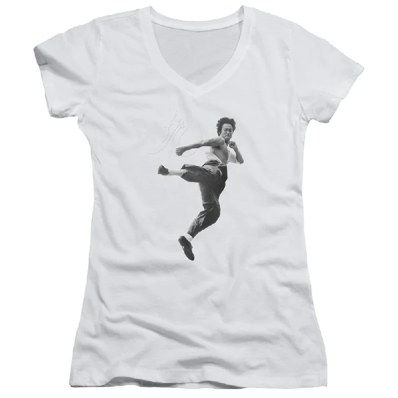 Closeout Bruce Lee Juniors V-Neck T-Shirt Flying Kick White Tee