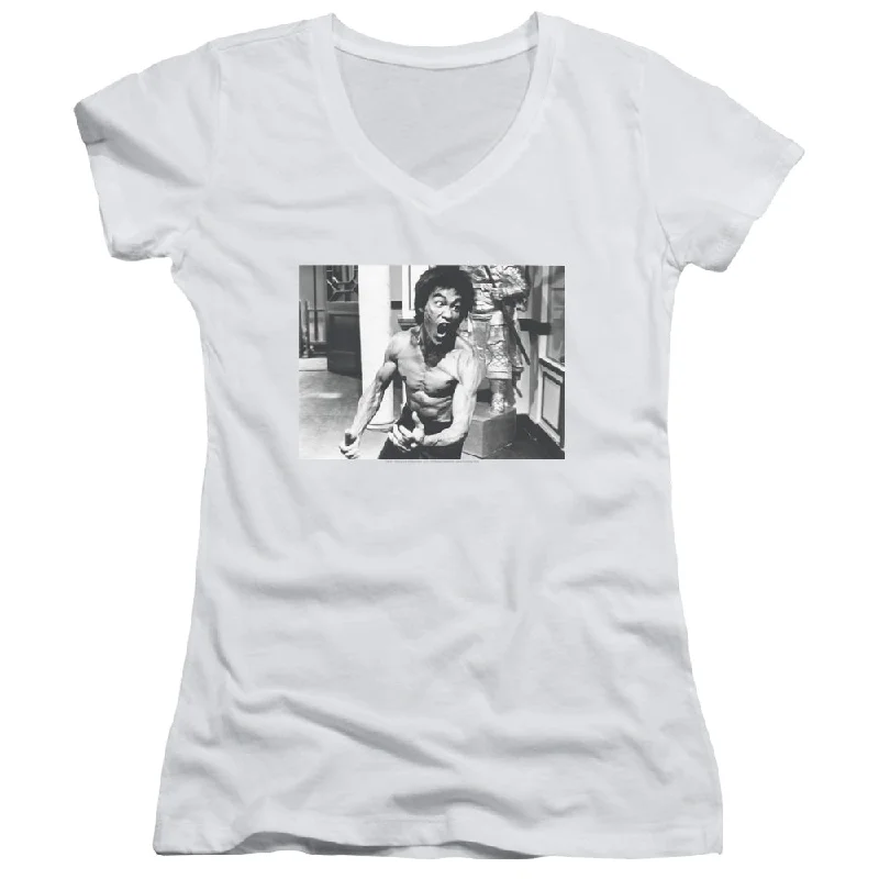 Price Reduction Bruce Lee Juniors V-Neck T-Shirt Full of Fury White Tee