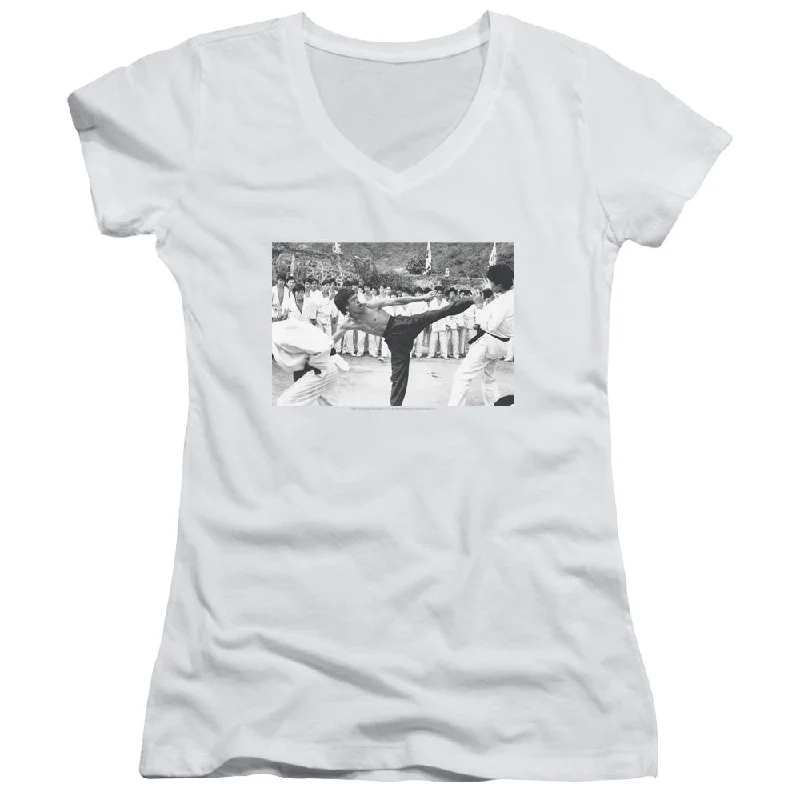 Bargain Blast Bruce Lee Juniors V-Neck T-Shirt Kick to the Head Photo White Tee