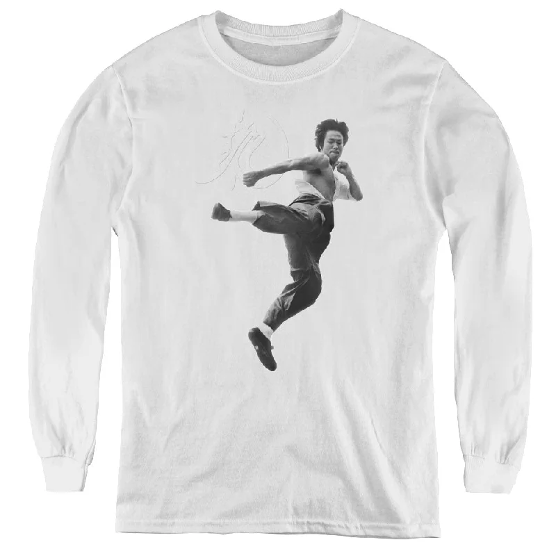 Deal Dash Bruce Lee Kids Long Sleeve Shirt Flying Kick White Tee