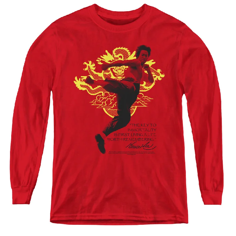 YEAR-End Clearance Bruce Lee Kids Long Sleeve Shirt Key to Immortality Red Tee