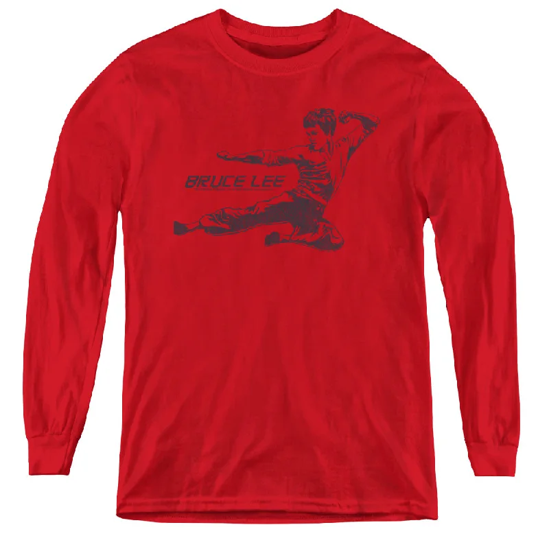 Shop and Save Bruce Lee Kids Long Sleeve Shirt Line Kick Red Tee