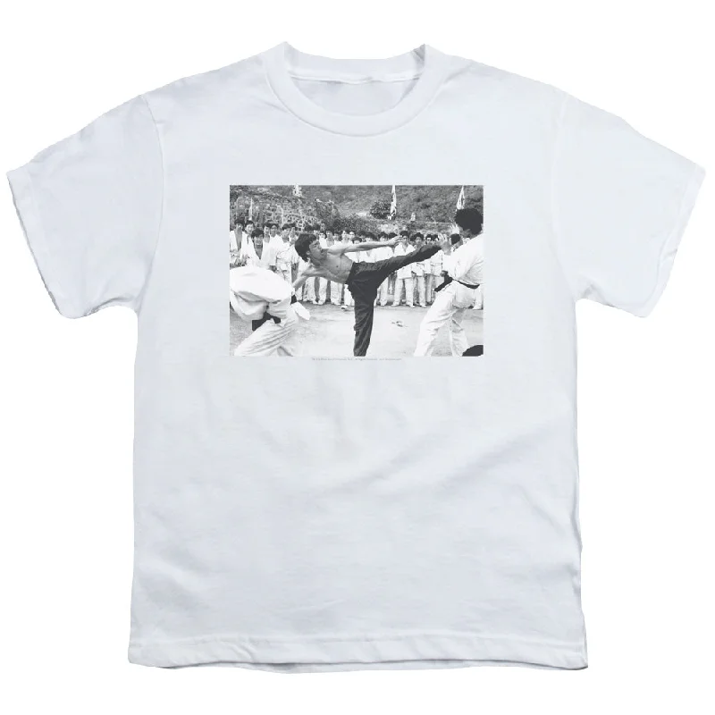 Deal Mania Bruce Lee Kids T-Shirt Kick to the Head Photo White Tee