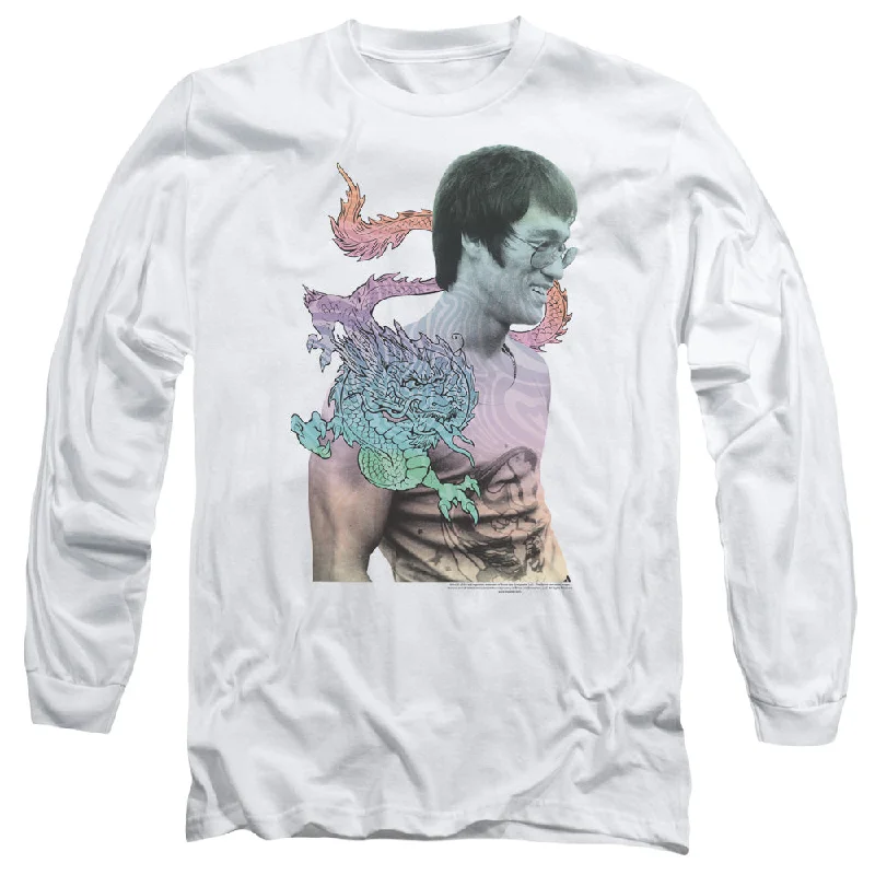 Exclusive Online Offer Bruce Lee Long Sleeve T-Shirt Colorful Dragon Portrait White Tee