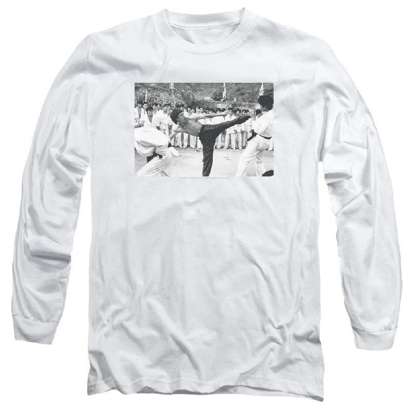 Factory Direct Sale Bruce Lee Long Sleeve T-Shirt Kick to the Head Photo White Tee