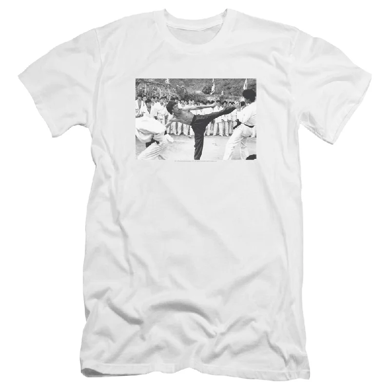 Deal Explosion Bruce Lee Premium Canvas T-Shirt Kick to the Head Photo White Tee