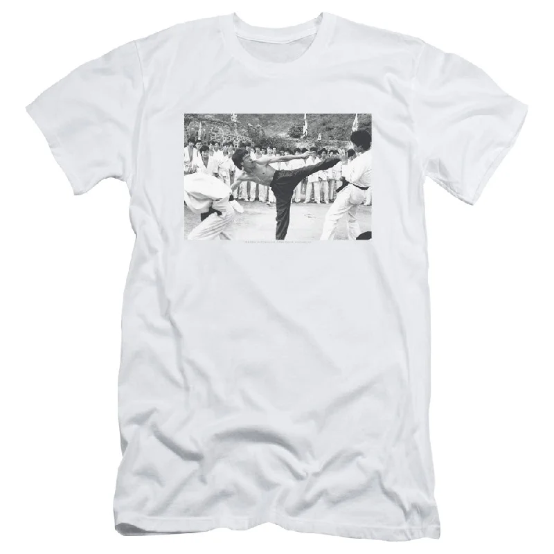 Bargain Bin Bruce Lee Slim Fit T-Shirt Kick to the Head Photo White Tee