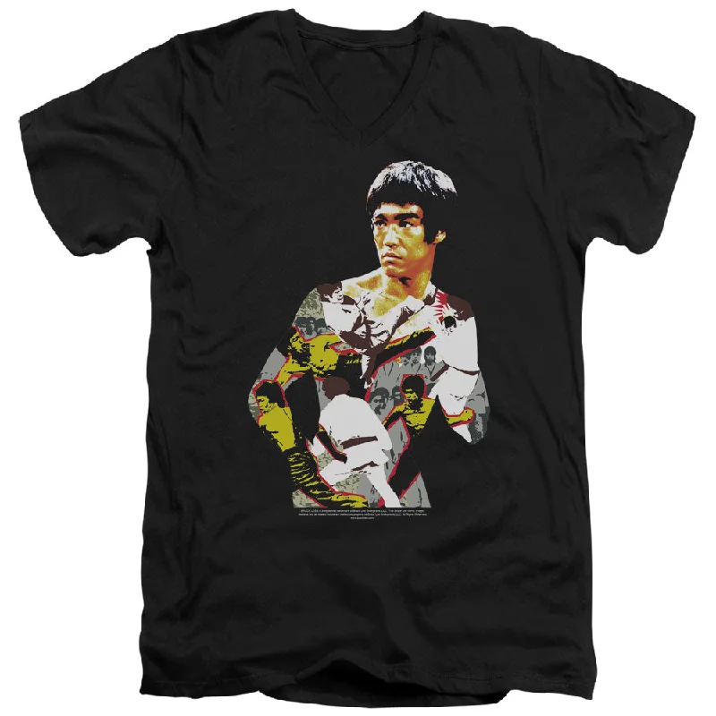 Inventory Reduction Bruce Lee Slim Fit V-Neck T-Shirt Body Collage Black Tee